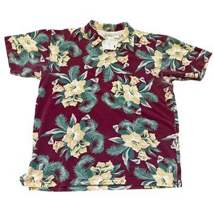LL Bean Vintage Hawaiian Polo Shirt Mens L Maroon Floral Summer Coastal Vacation